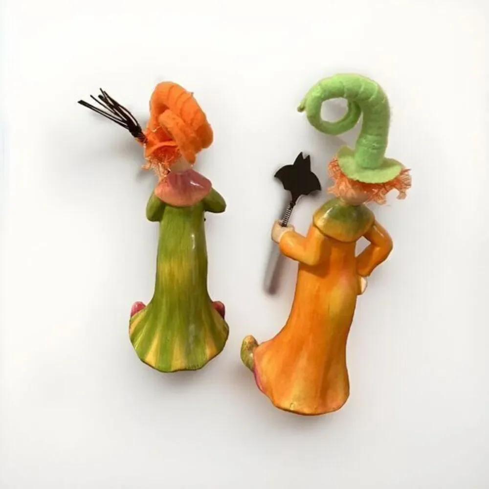 K's Collection Halloween Witches set‎ of Two Figurines Bat Broom Fancy